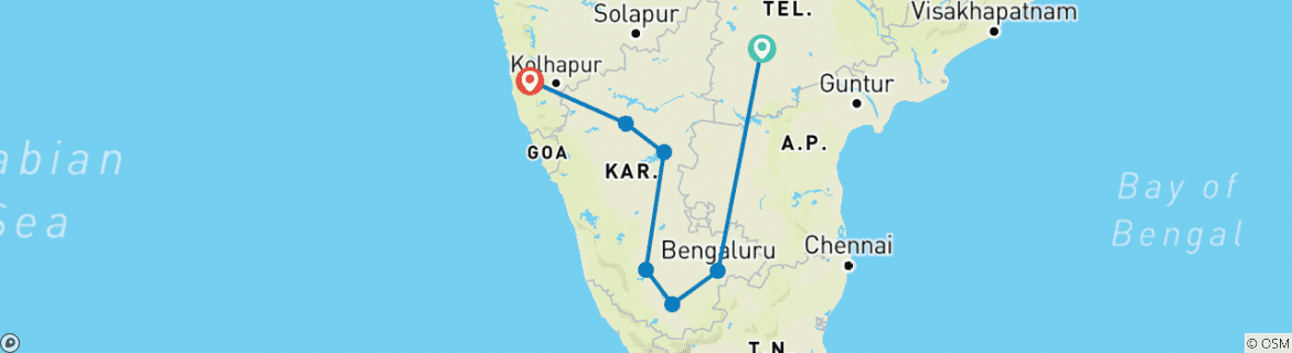 Image of a map showing the route of the tour