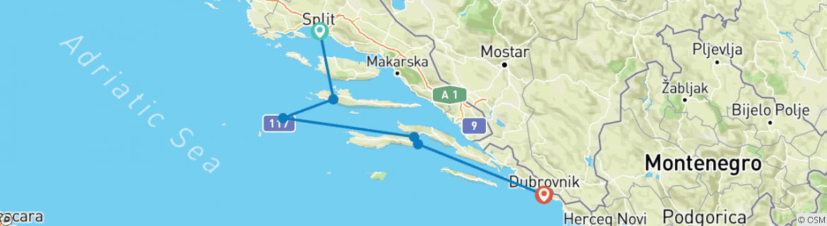 Image of a map showing the route of the tour