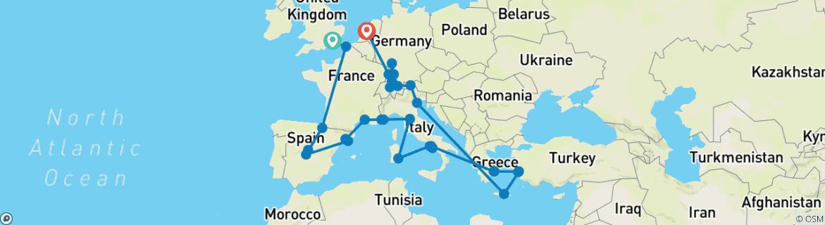 Image of a map showing the route of the tour