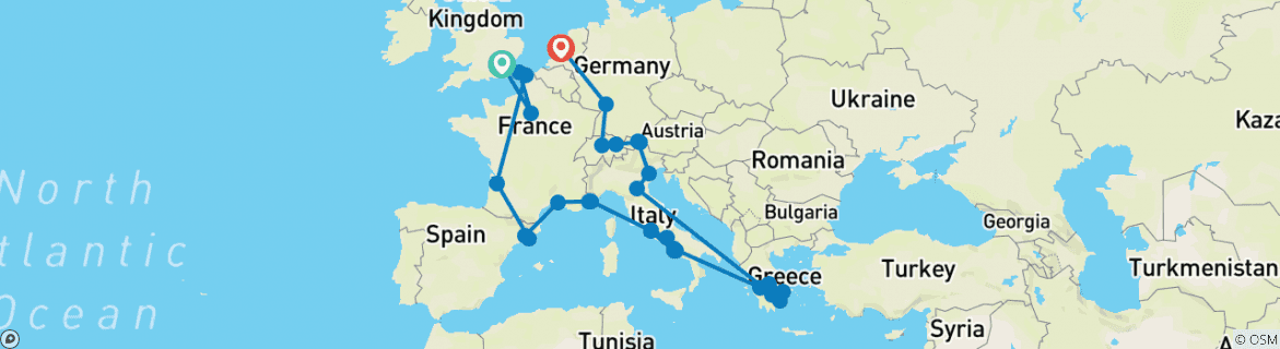 Image of a map showing the route of the tour