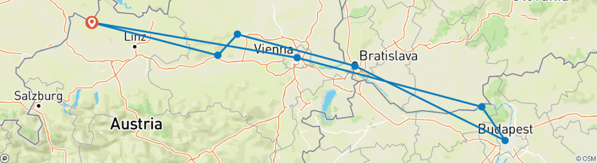 Image of a map showing the route of the tour