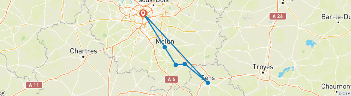 Image of a map showing the route of the tour