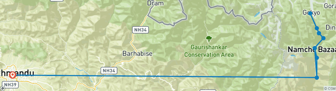 Image of a map showing the route of the tour