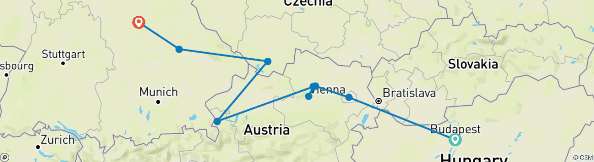 Image of a map showing the route of the tour