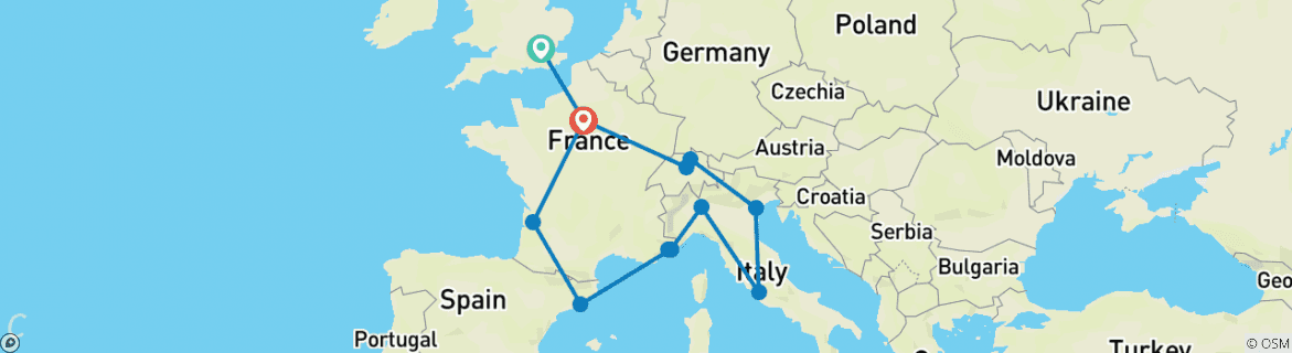 Image of a map showing the route of the tour