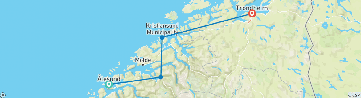 Image of a map showing the route of the tour