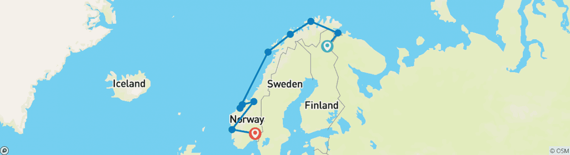 Image of a map showing the route of the tour