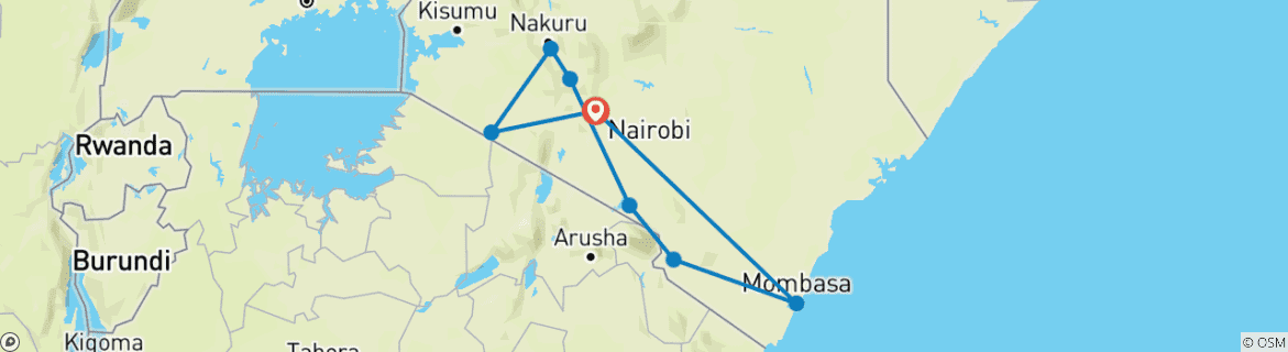 Carte du circuit 14 jours de safari au Kenya avec les Big Five et la plage