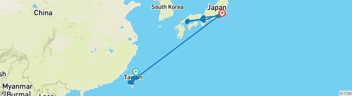 Image of a map showing the route of the tour