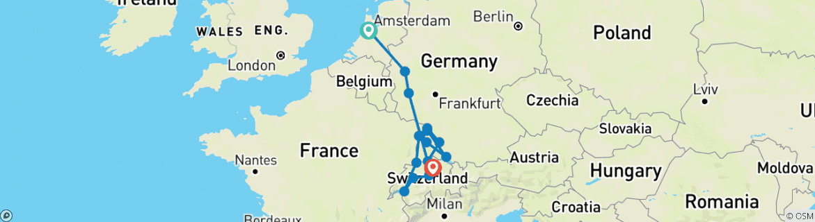 Image of a map showing the route of the tour
