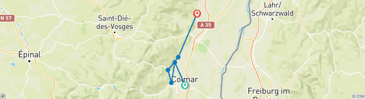 Image of a map showing the route of the tour