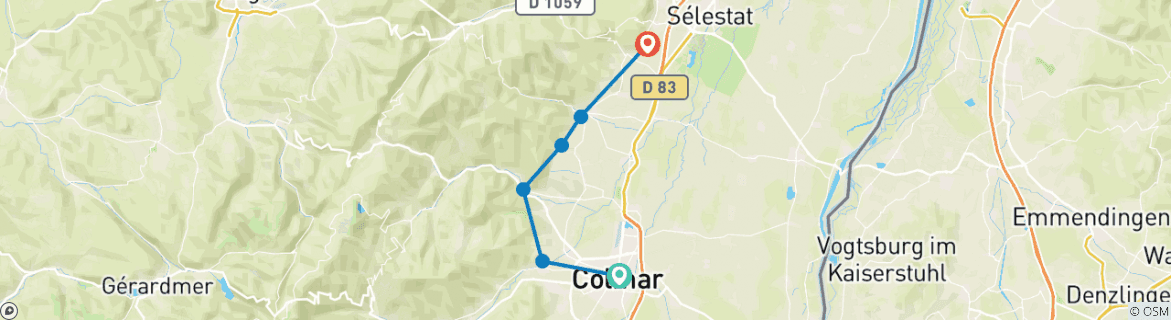 Image of a map showing the route of the tour