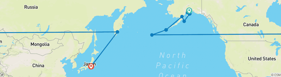 Image of a map showing the route of the tour