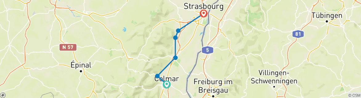 Image of a map showing the route of the tour