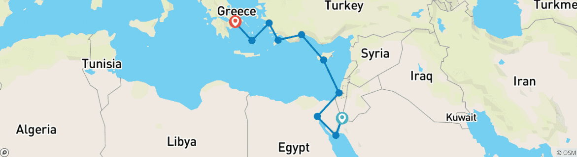 Image of a map showing the route of the tour