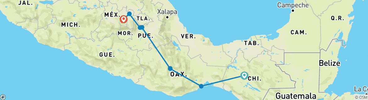Image of a map showing the route of the tour