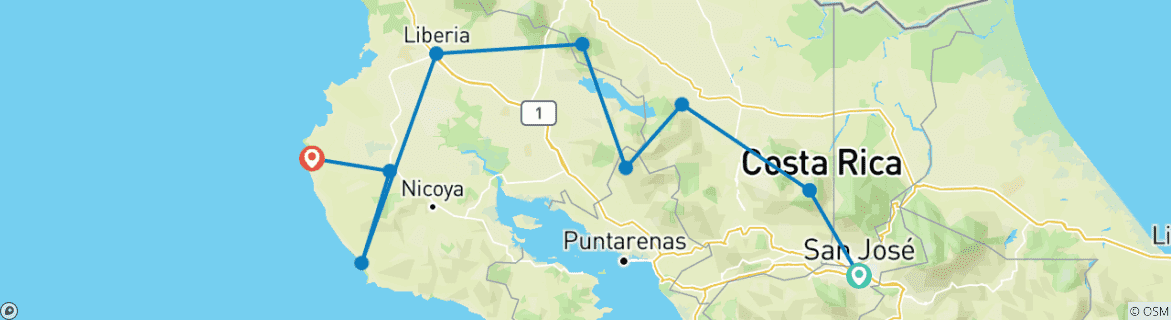 Image of a map showing the route of the tour