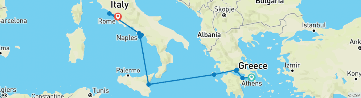 Image of a map showing the route of the tour