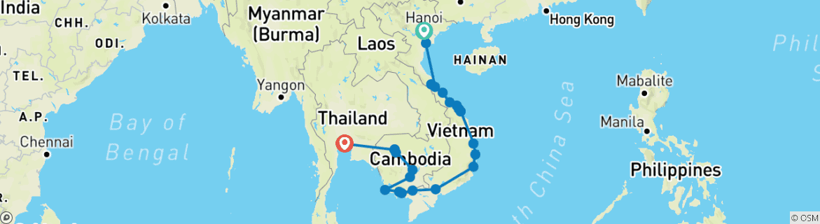 Image of a map showing the route of the tour