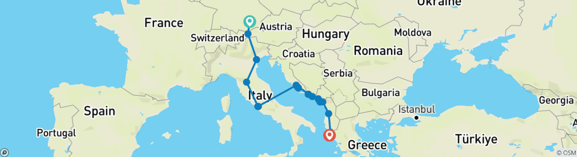 Image of a map showing the route of the tour