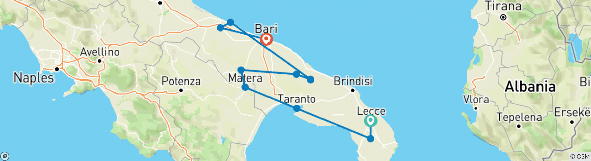 Image of a map showing the route of the tour