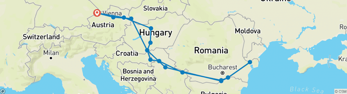 Image of a map showing the route of the tour