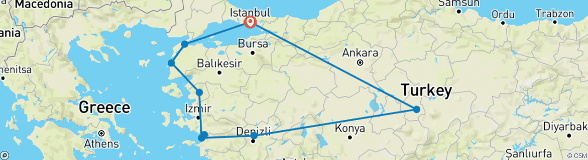 Image of a map showing the route of the tour