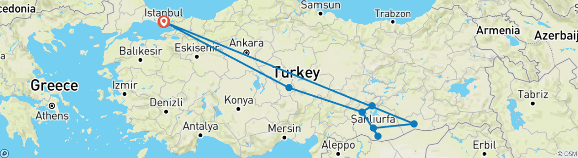 Image of a map showing the route of the tour