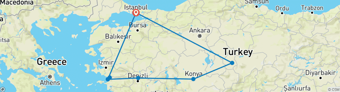 Image of a map showing the route of the tour