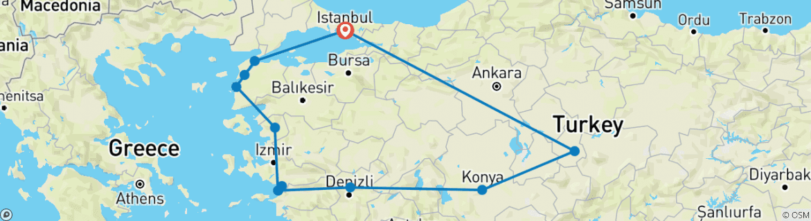 Image of a map showing the route of the tour