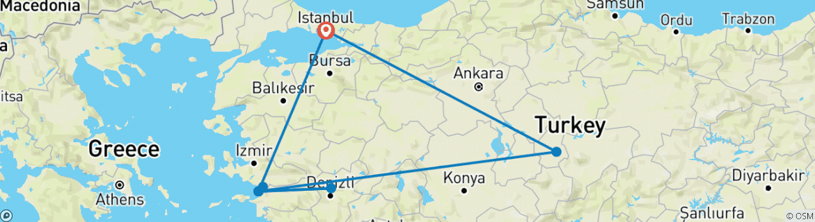Image of a map showing the route of the tour