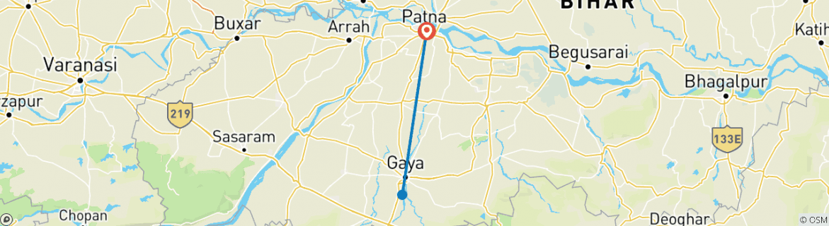 Image of a map showing the route of the tour