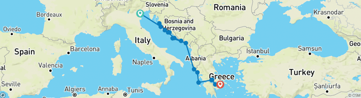 Image of a map showing the route of the tour