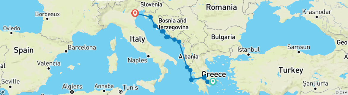 Image of a map showing the route of the tour