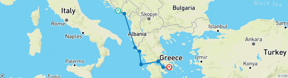 Image of a map showing the route of the tour