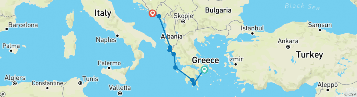 Image of a map showing the route of the tour
