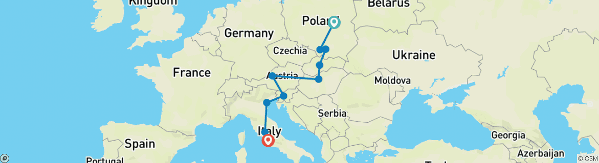 Image of a map showing the route of the tour