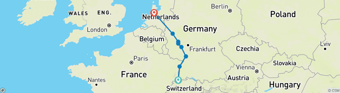 Image of a map showing the route of the tour