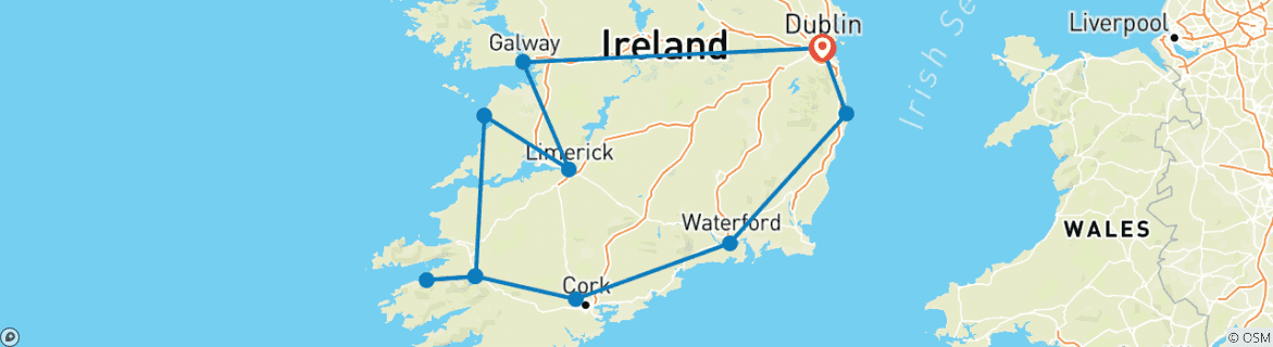 Image of a map showing the route of the tour