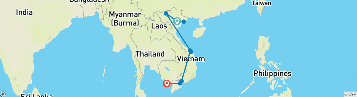 Image of a map showing the route of the tour