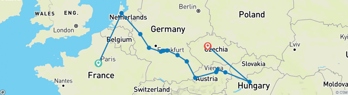 Image of a map showing the route of the tour