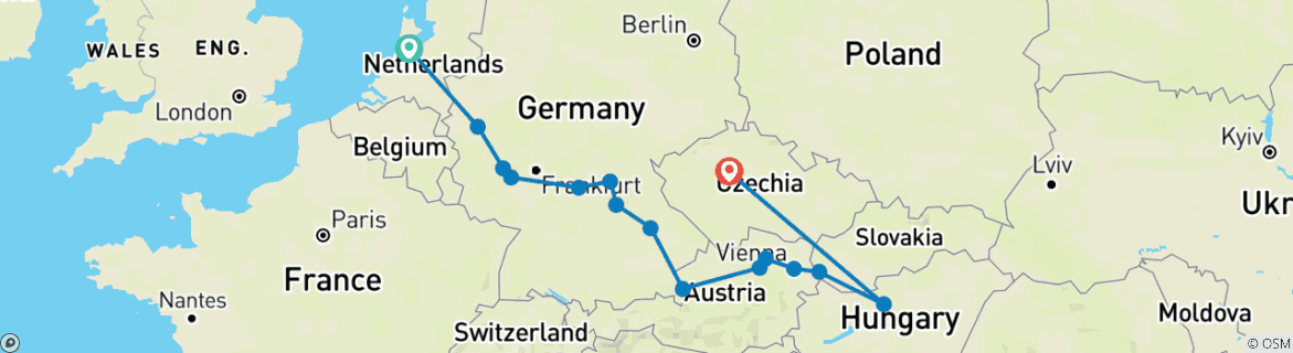 Image of a map showing the route of the tour