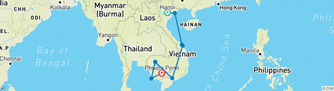Image of a map showing the route of the tour