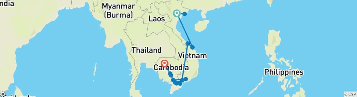 Image of a map showing the route of the tour