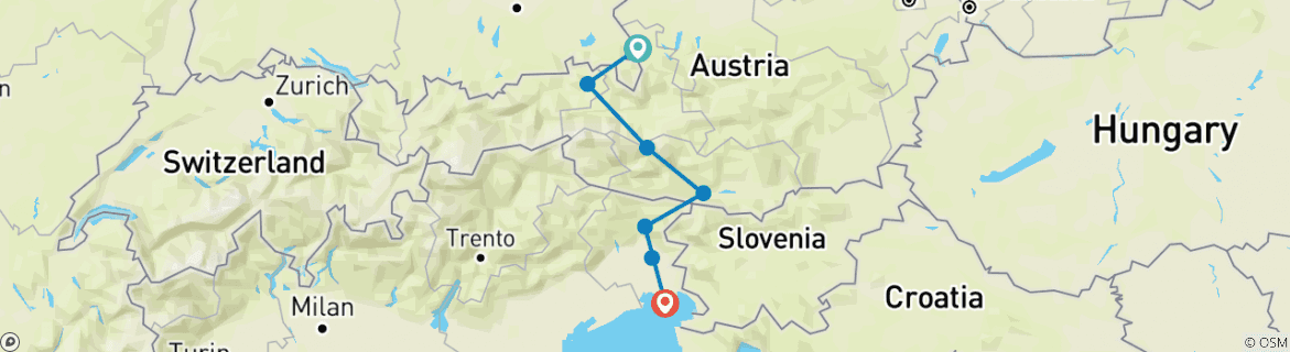 Image of a map showing the route of the tour