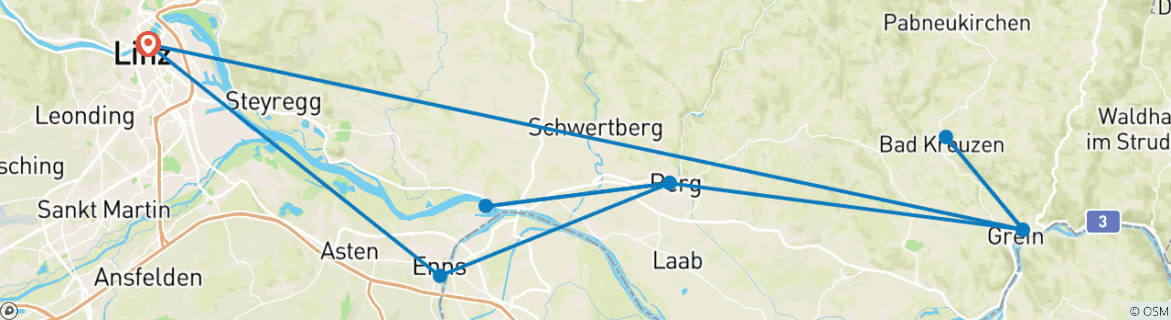 Image of a map showing the route of the tour