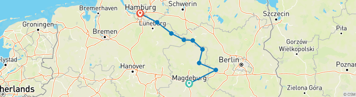 Image of a map showing the route of the tour