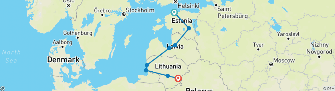 Image of a map showing the route of the tour