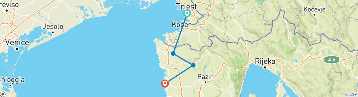 Image of a map showing the route of the tour
