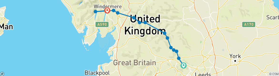 Image of a map showing the route of the tour